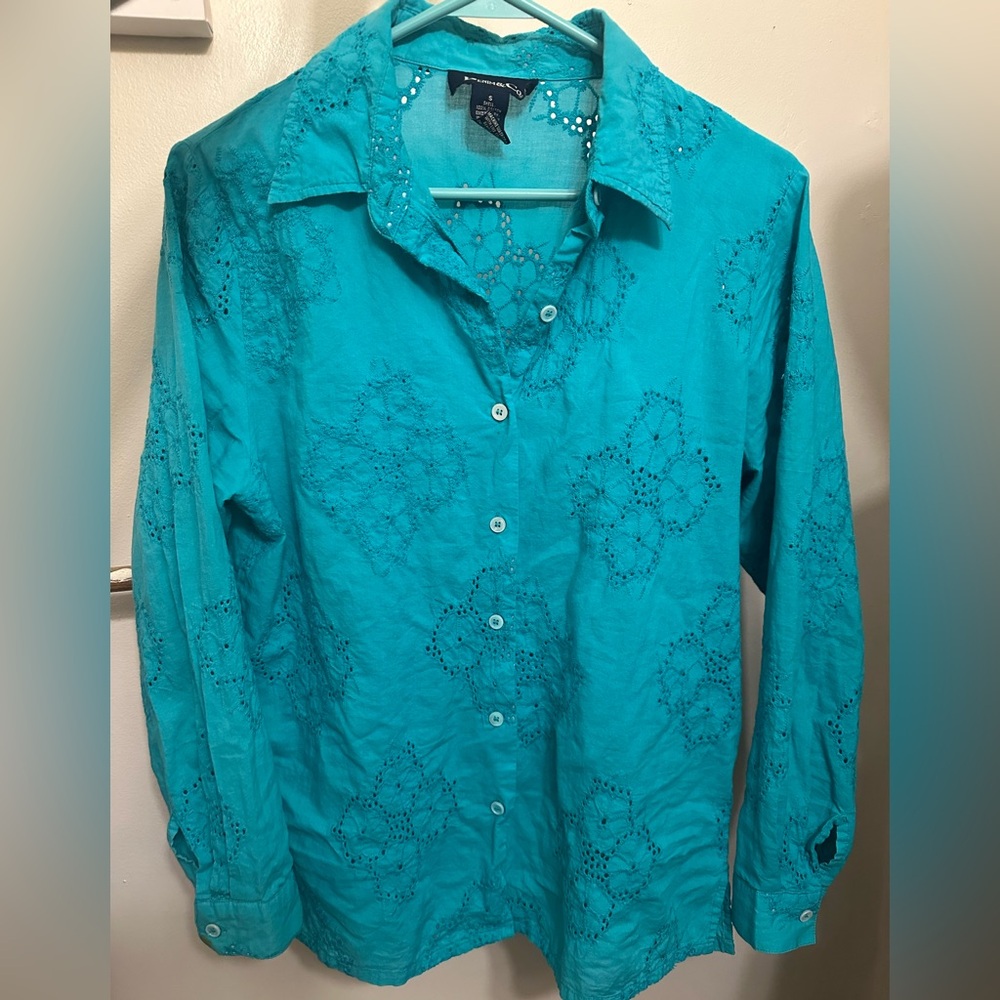 Denim&Co Turquoise Eyelet Button-Up Top